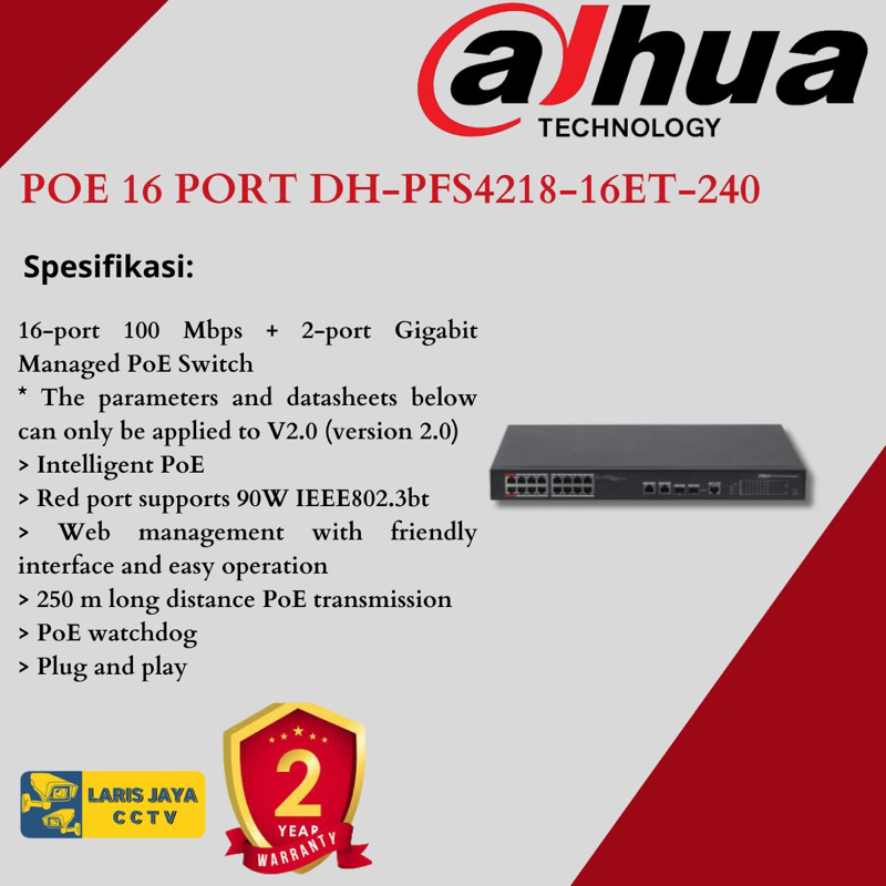 POE SWITCH DAHUA 16 PORT DH-PFS4218-16ET-240 16 PORT + 2 UPLINK