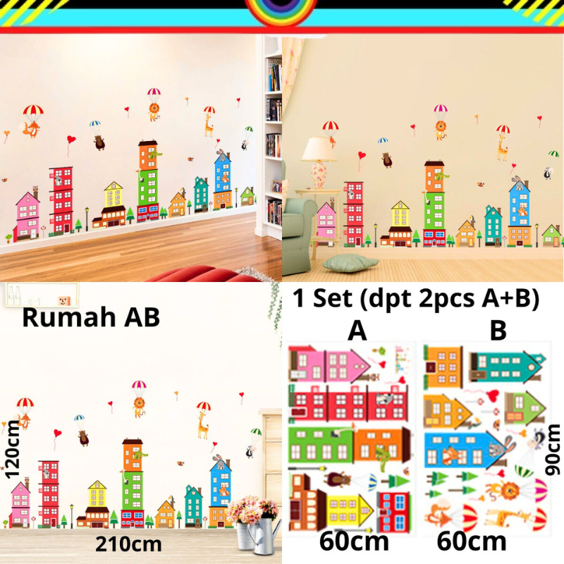 WALL STICKER WALLSTICKER STIKER DINDING DEKORASI MOTIF RUMAH HOME KOTA WARNA WARNI ANIMASI DEKOR HIA
