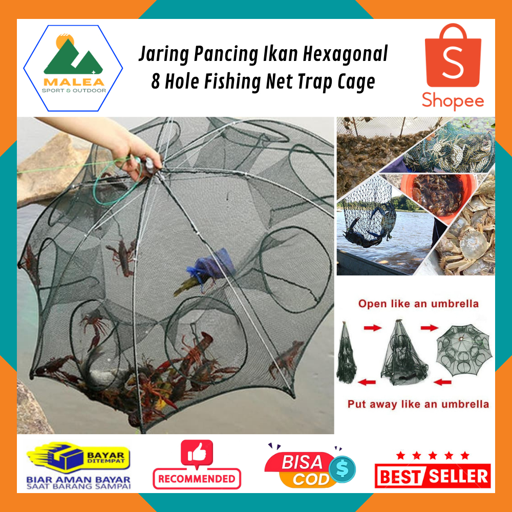 Jaring Pancing Ikan Hexagonal 8 Hole Fishing Net Trap Cage / Jaring Pancing Lipat Luar Ruangan Luban