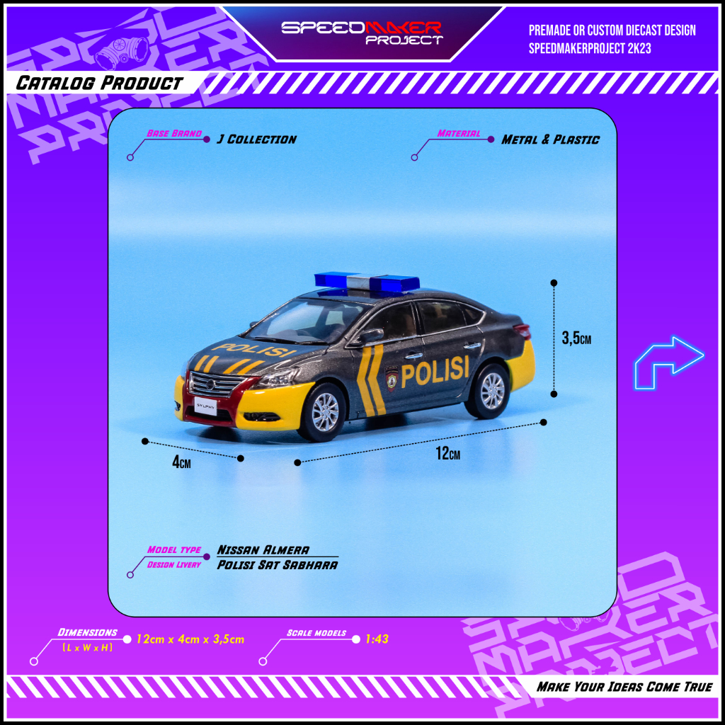 JCollection Custom Nissan Almera Polisi Indonesia Patroli Sat SABHARA Diecast Miniatur Replika Mobil