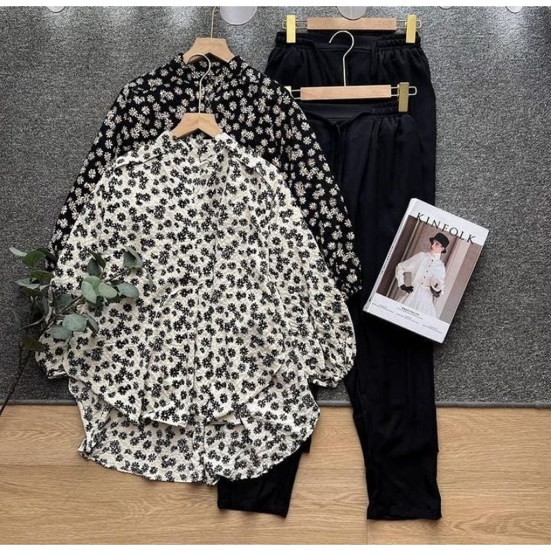 Setelan baju wanita - Setelan baju motif bunga-bunga untuk wanita - Blouse plus celana - Set Santa u