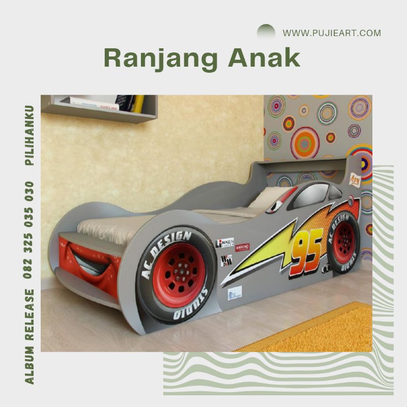 Rangka tempat tidur anak laki laki sederhana karakter mobil model single