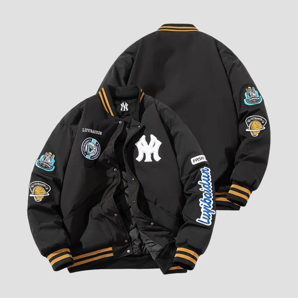 JAKET BASEBALL VARSITY CASUAL VINTAGE FULL BLACK LUYIBAIDUN