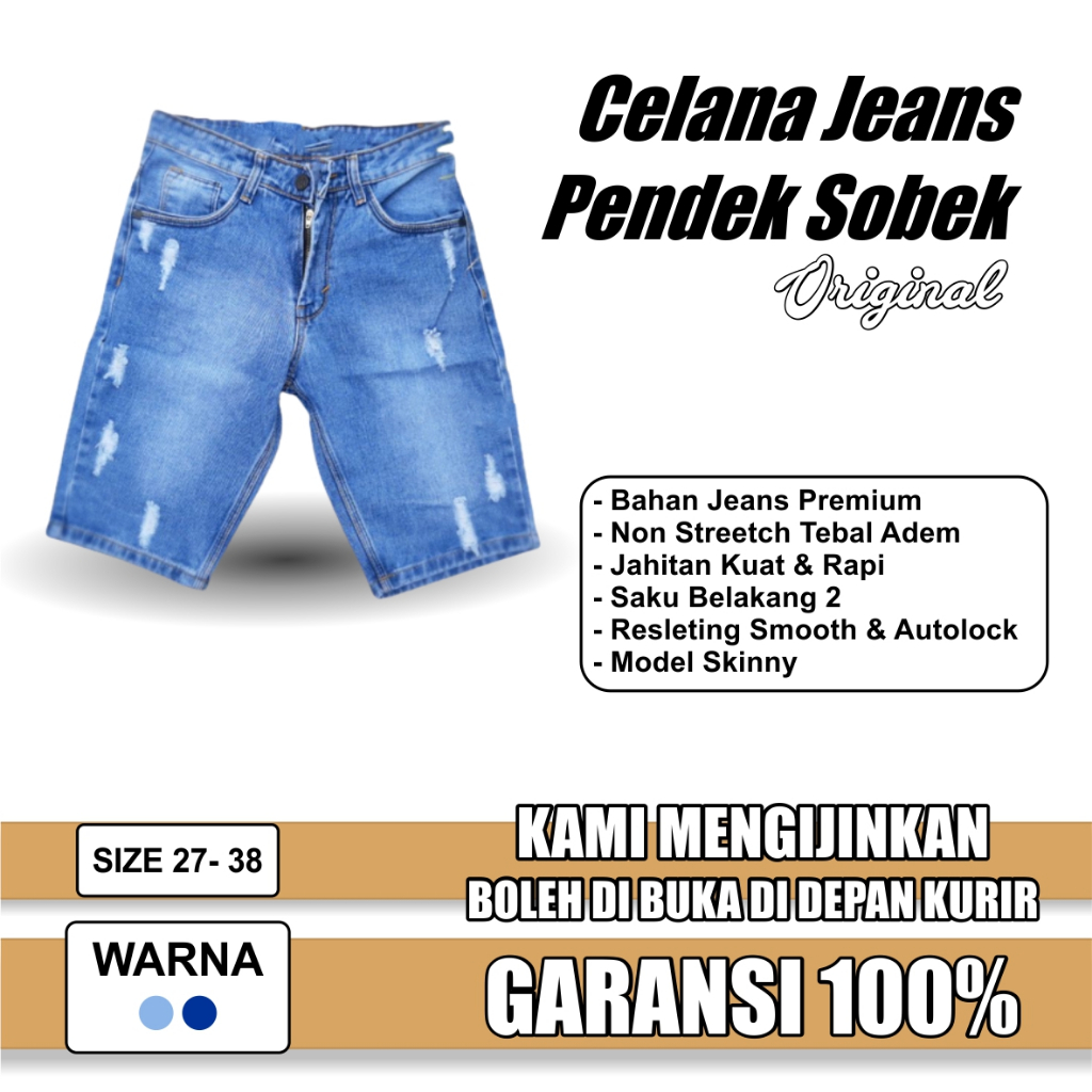 Vin-R Celana Jeans Pendek Sobek Lepis Pria Sepan jins Denim Cowok Distro Robek Tebal Slimfit