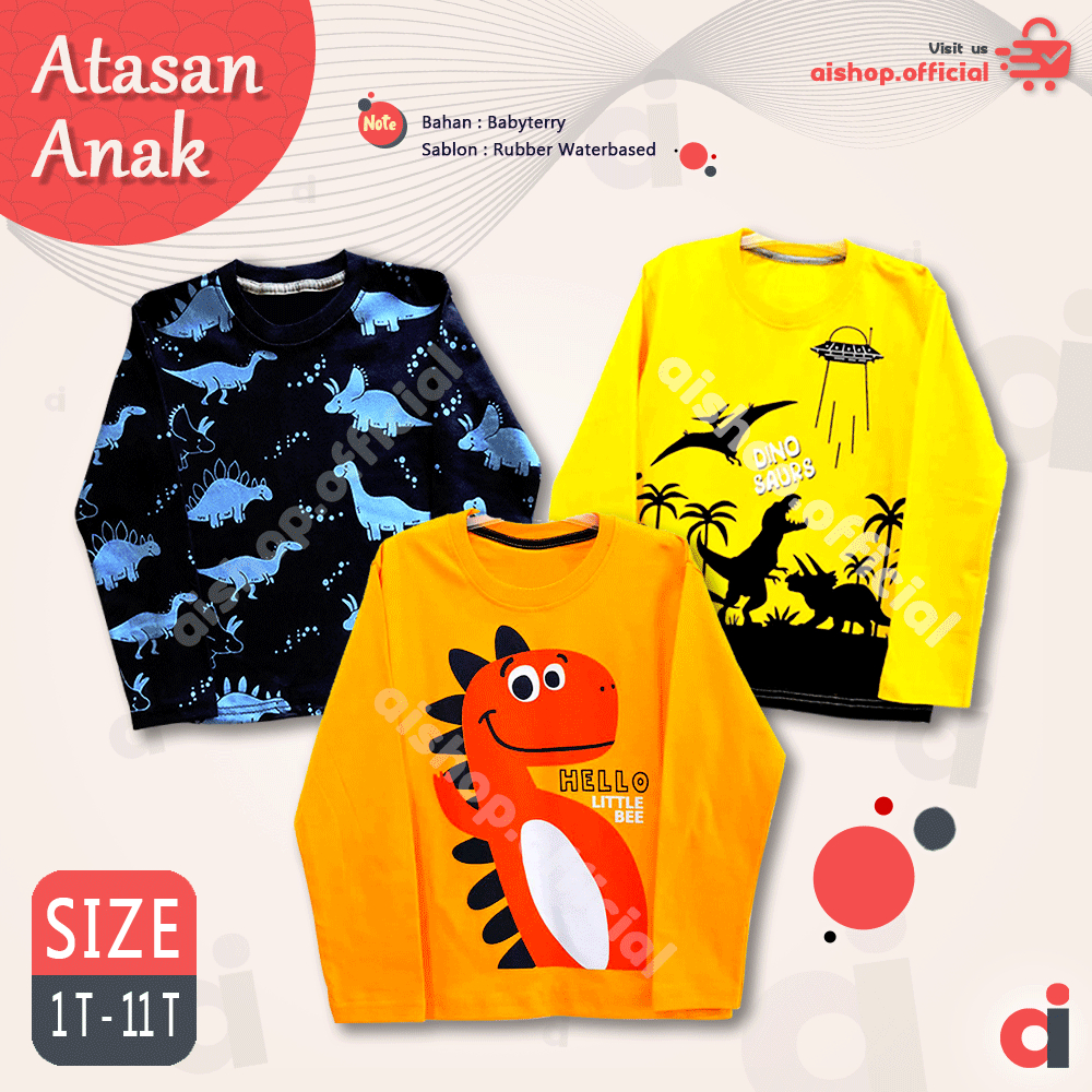 Kaos Anak Lengan Panjang Aishop 1 - 11 Tahun Baju Anak Laki Laki Dino