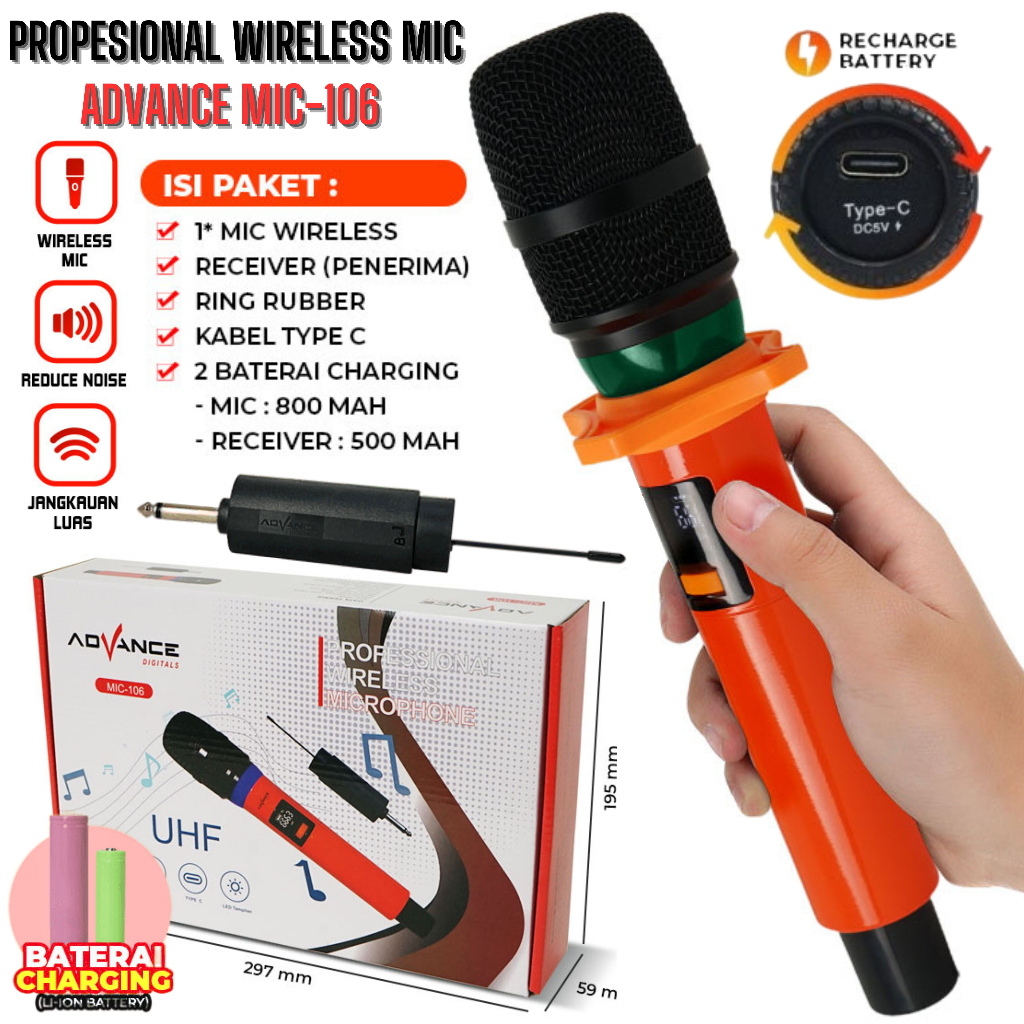 Microphone Advance MIC 106 Profesional Mic Wireless Bisa di Charger | Mic Karaoker Tanpa Kabel MIC-2