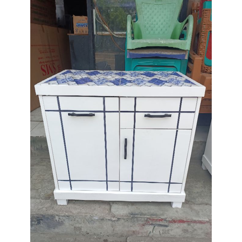 rak piring rak kompor meja kompor minimalis kayu pintu 2 sleding laci buka tutup atas keramik