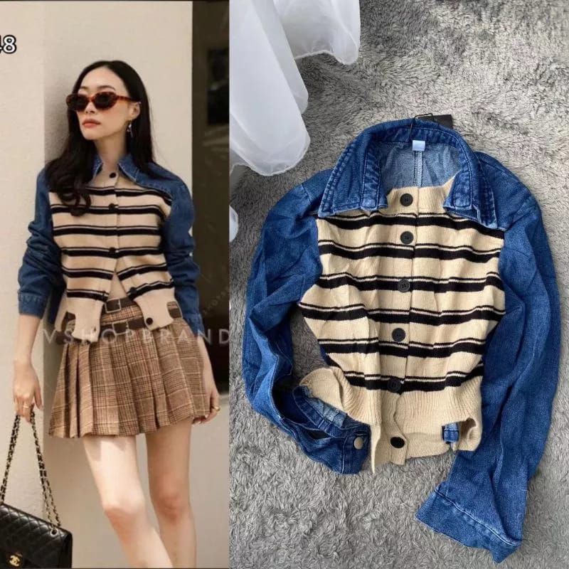 Kemeja jeans kombinasi Rajut Import