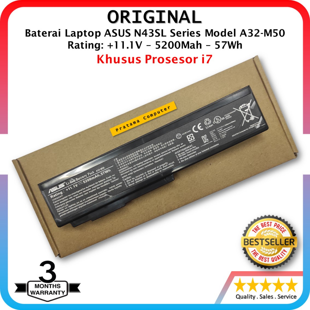 Baterai Laptop ASUS N43SL Series Khusus Procesor i7 Model A32-M50 11.1V - 5200Mah - 57Wh