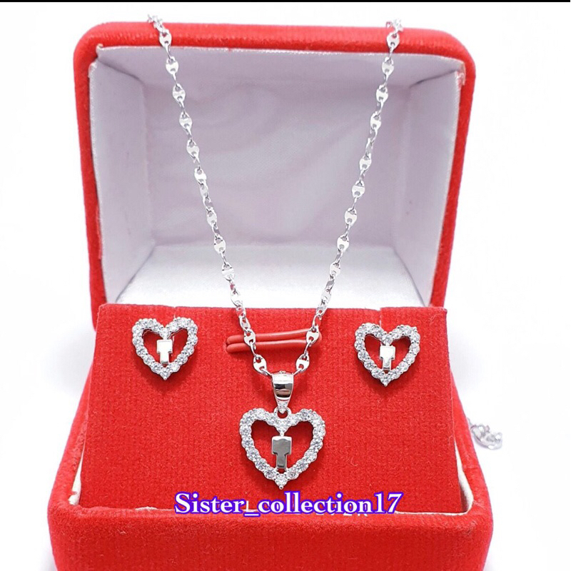 Satu set kalung liontin giwang love perak 925 lapis emas putih set kalung liontin anting