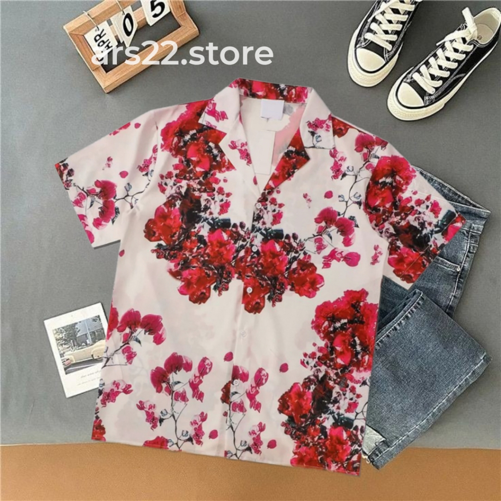 Kemeja Motif Floral Bunga Mawar Merah Premium Gaya Vintage Original Pria Wanita Lengan Pendek Kemeja