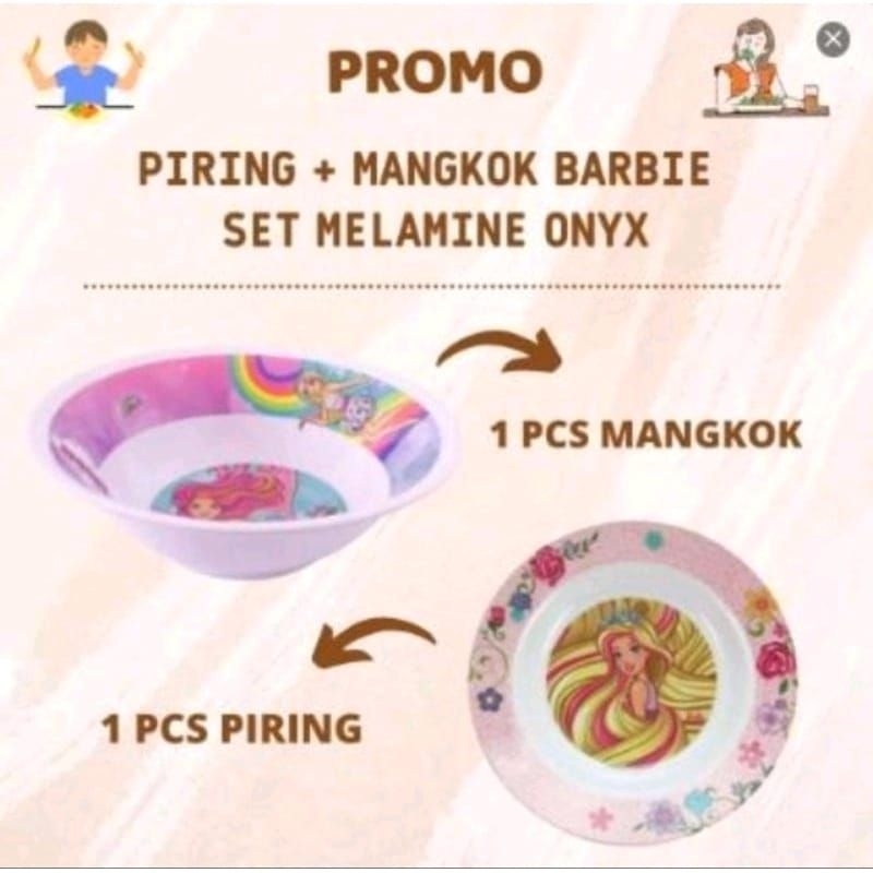 PROMO PIRING DAN MANGKOK SET MELAMINE ONYX BARBIE