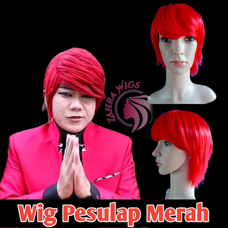 Wig Rambut Pendek Warna Merah Versi Pesulap Merah Wig Gondrong Dengan Poni Warna Merah