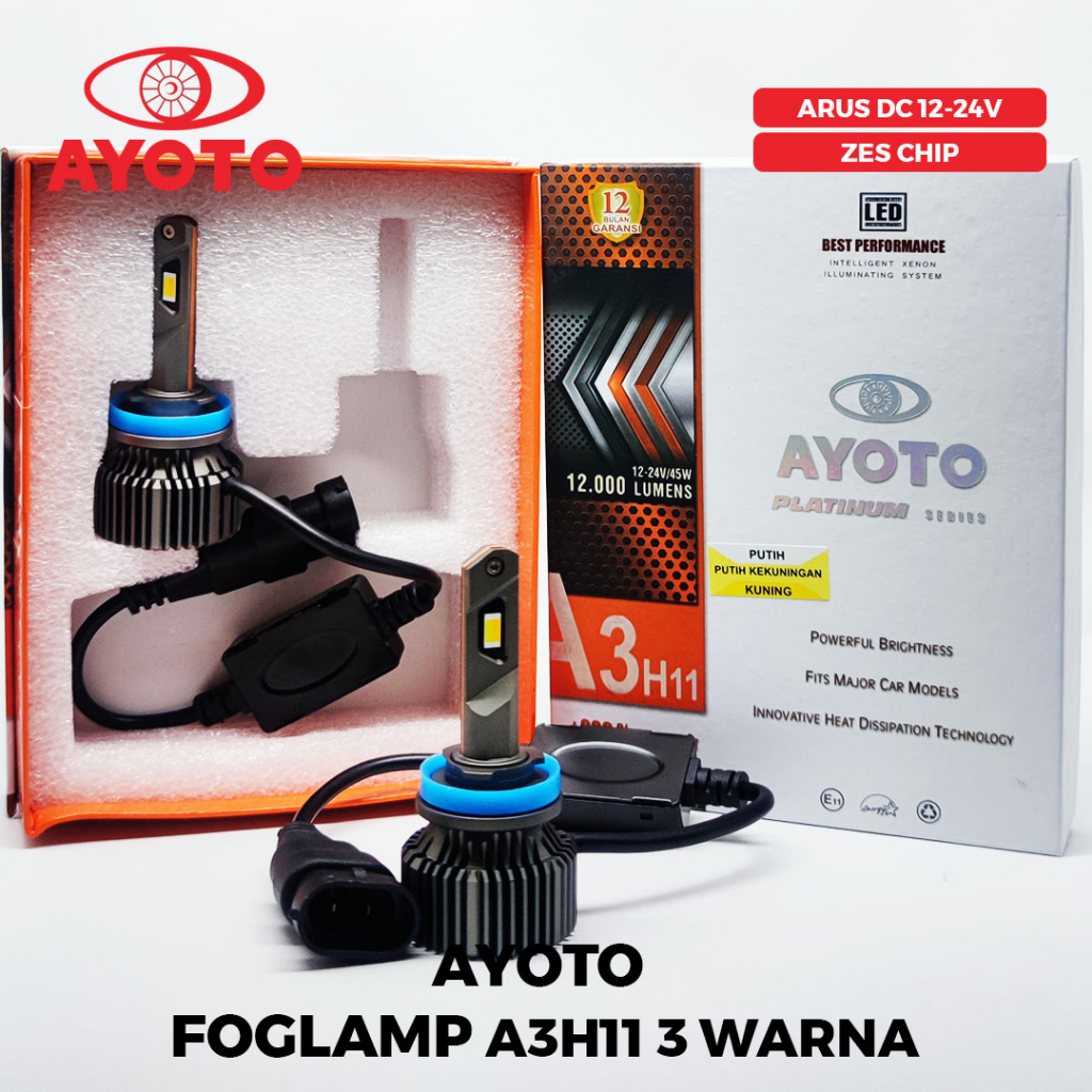 AYOTO A3H11 Lampu Kabut (Foglamp) H11 LED Mobil 3 Warna (Universal Untuk Mobil Socket H11)