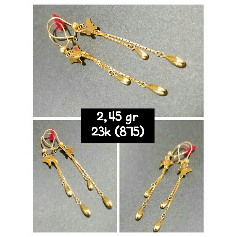 anting motif kupu kupu panjang,emas asli 23k(875)