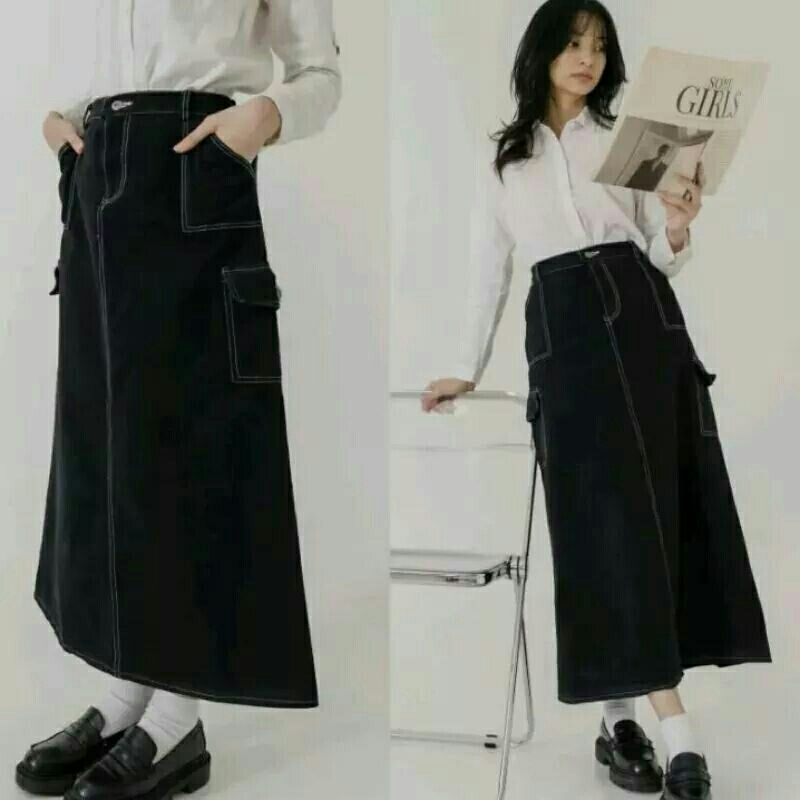 ROK CARGO LIST JEANS WANITA PANJANG ROK DENIM MURAH KEKINIAN ROK JINS KARGO MAXI SKIRT HIGHWAIST