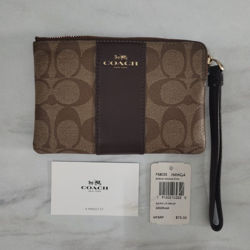 Preloved Coach wrislet F58035 signature PVC leather corner zip khaki oxblood