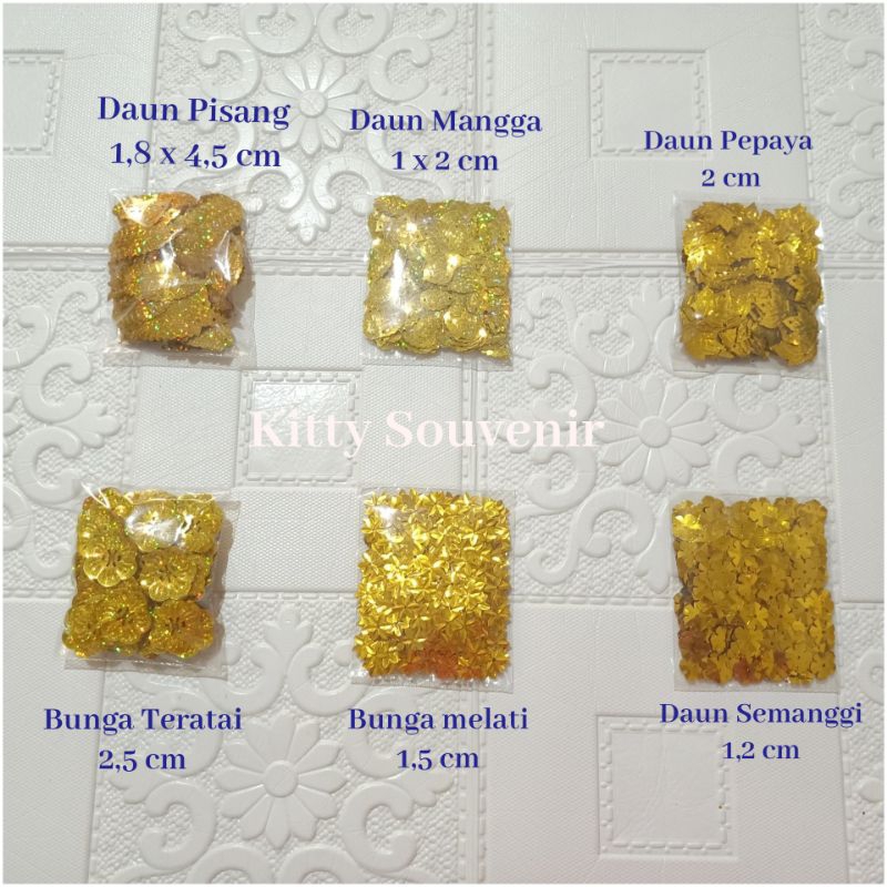 Payet warna emas : daun pisang, daun mangga, daun semanggi, daun pepaya / kanada, bunga teratai, bun