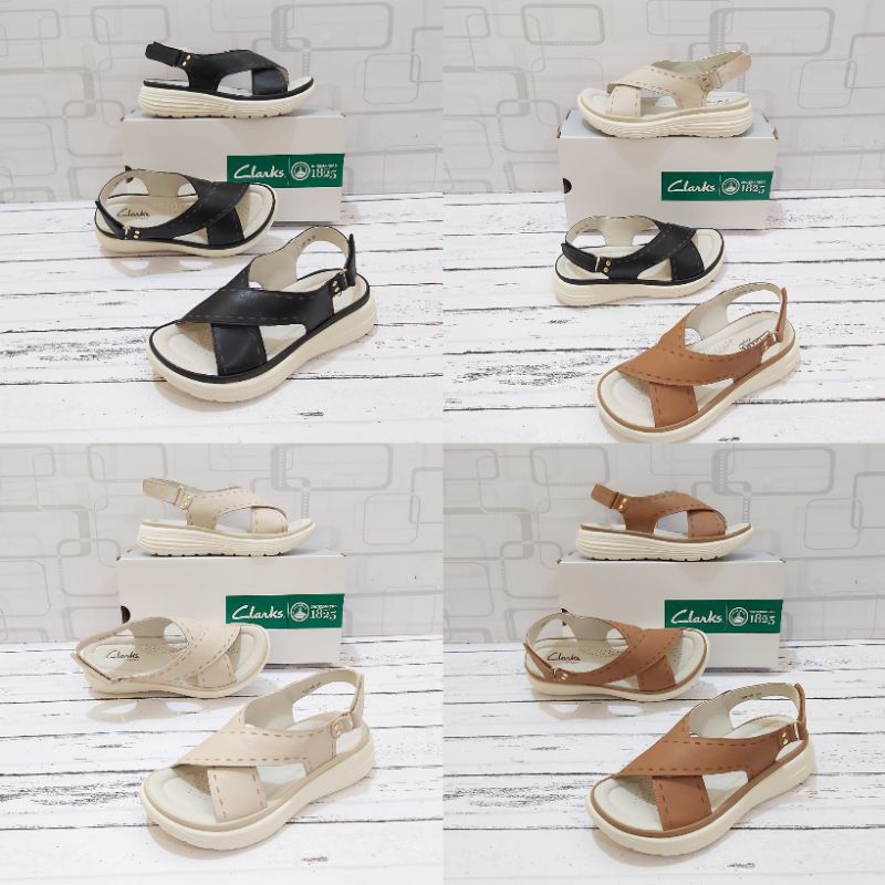 Sepatu sendal clarks pollux wanita semi wedge bahan kulit asli 188-35