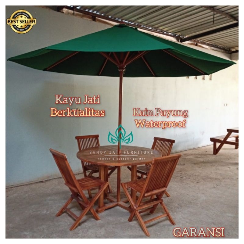 Set Meja Payung Taman Cafe Hotel Outdoor Bahan Kayu Jati Original