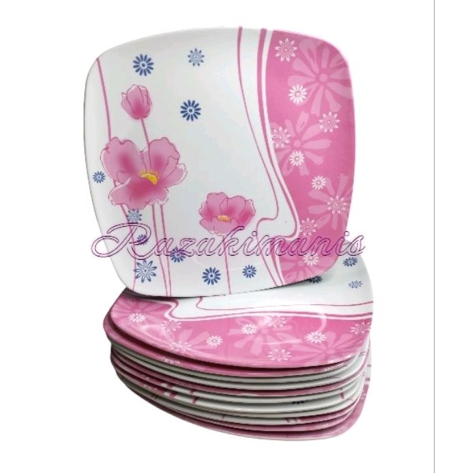 PIRING MELAMIN KOTAK MOTIF BUNGA PINK