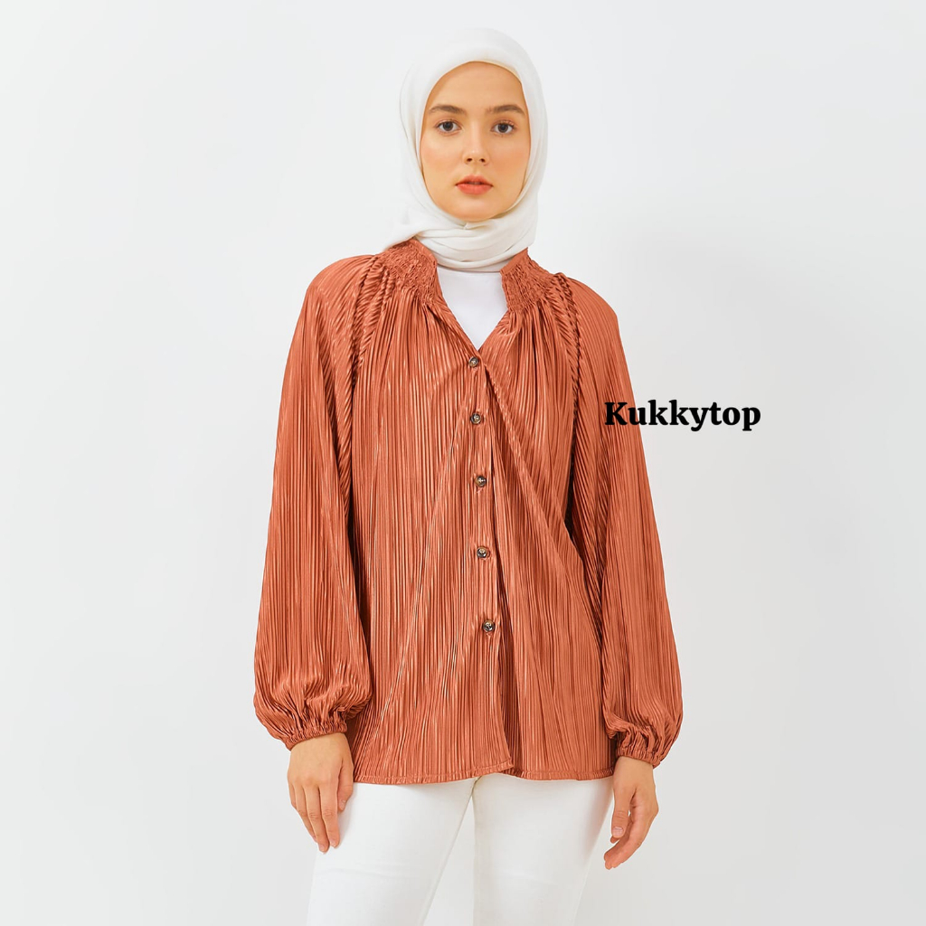 Kukky Top Blouse Plisket Wanita Blus Hazel Fashion Hijab Oversize Terbaru Import  Korean Style 13097