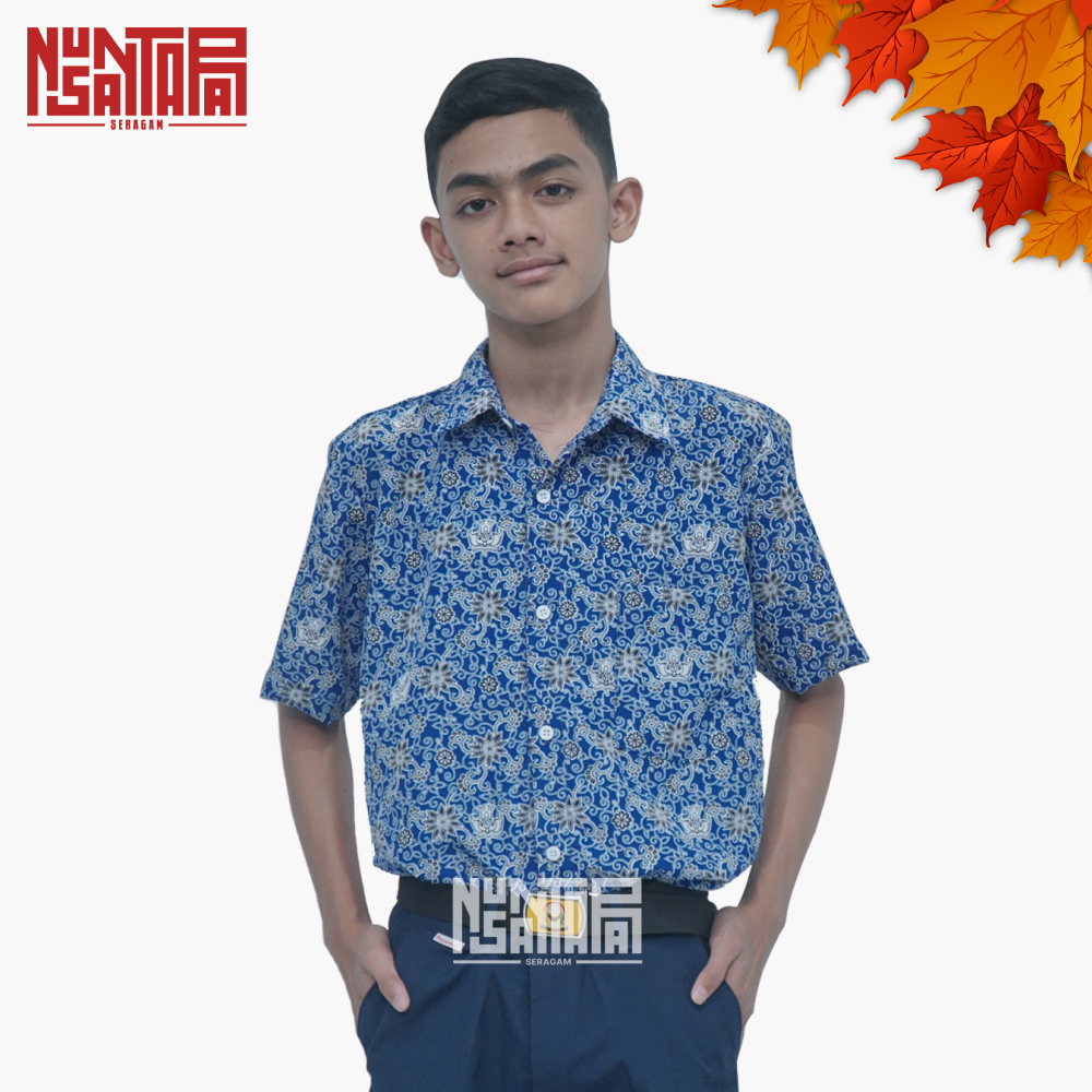 Baju Batik Batik Sekolah Size SMP / SMA Motiv Bunga Rampe Biru Lengan Pendek