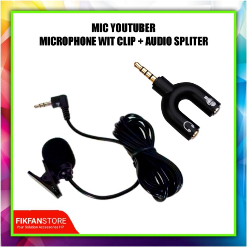 Paket Mic Clip On + Audio Spliter For Youtuber, Live, Smule, Creator