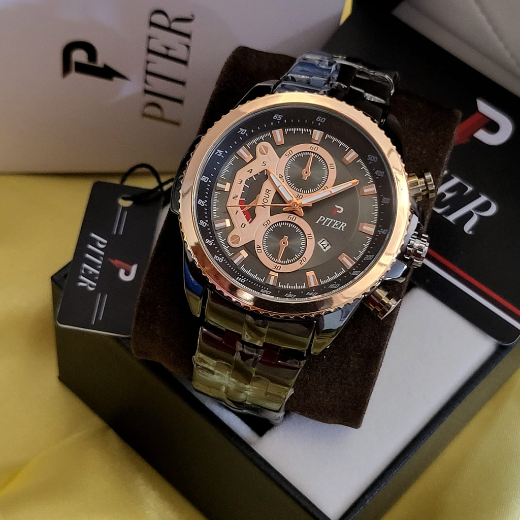 Jam Tangan Pria Piter Analog Tanggal Original Rantai Stainless Steel