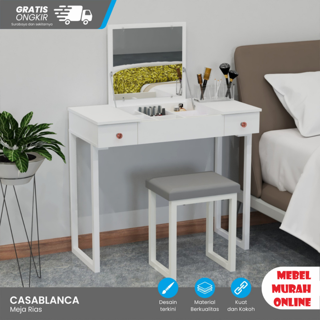 Meja Rias Standing dengan Laci plus Kursi Meja Skincare Kaca lipat Casablanca
