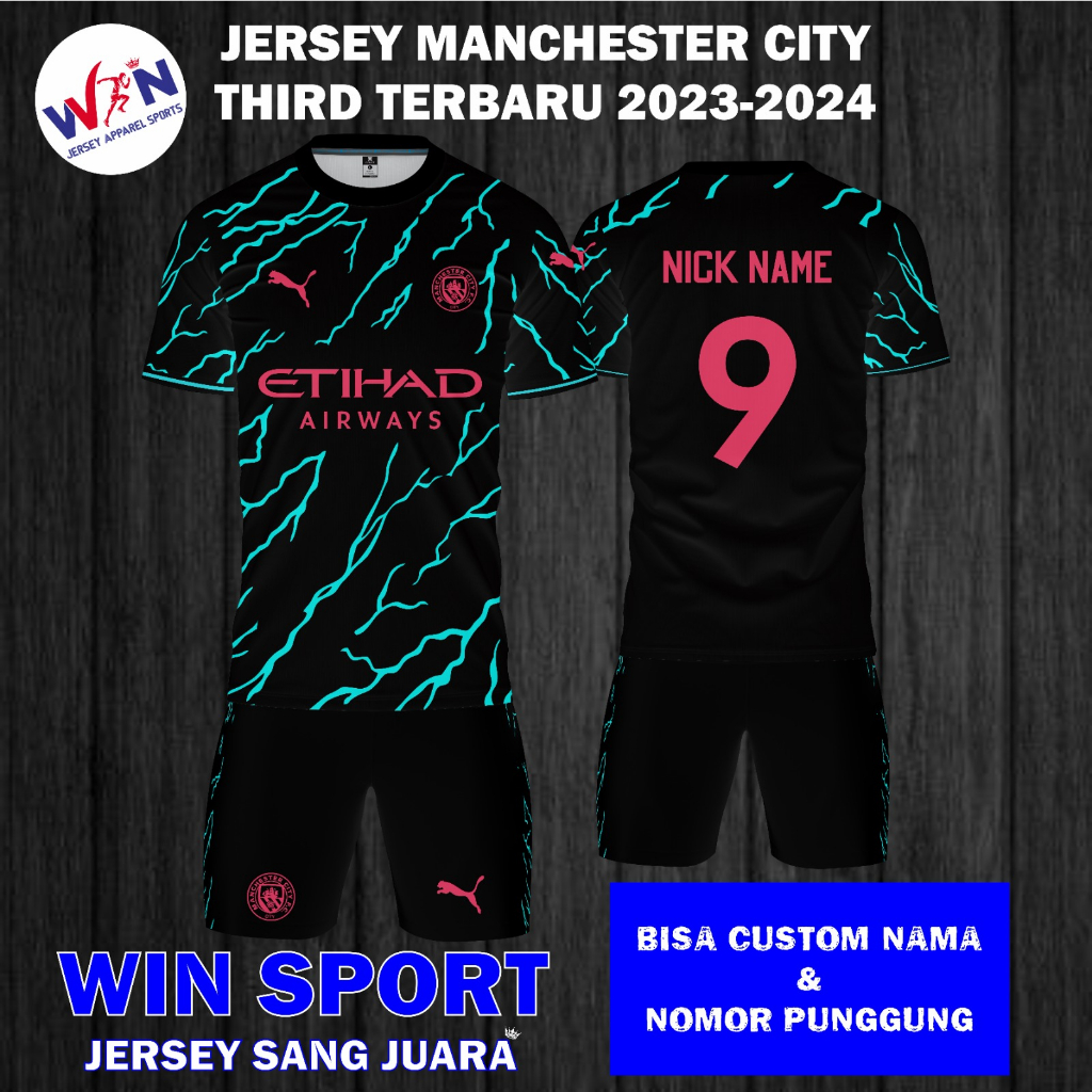 Setelan Sepak Bola Jersey Man City MANCHESTER CITY THIRD 2023 2024 Terbaru Liga Champions UEFA, Jersey Bola Desain Full Printing, Free Custom Nama dan Nomor Punggung, Tersedia Ukuran Dewasa dan Anak