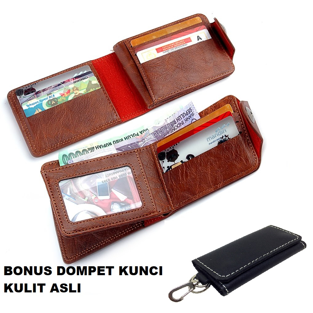 TERLARIS Dompet Pria Elegant model Kancing Dompet Cowo Branded 3/4 (BONUS DOMPET KUNCI KULIT ASLI)