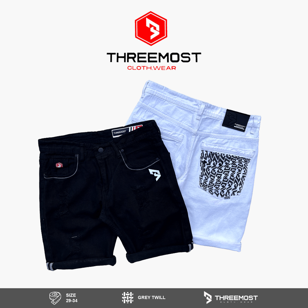 Threemost - Celana Jeans Pendek Ripped Sobek Pria Korean Style Putih / Hitam Original Casual