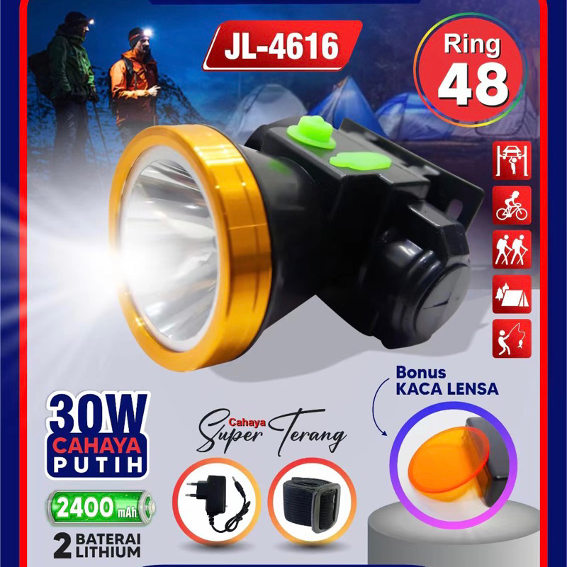 Senter Kepala LED Cas JL-4616 LED 30 Watt Rechargeable Headlamp Camping