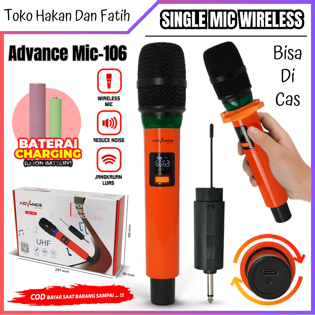Advance Mic106 Microphone Profesional Mic Wireless Bisa di Charger | Advance Microphone Mic Single W