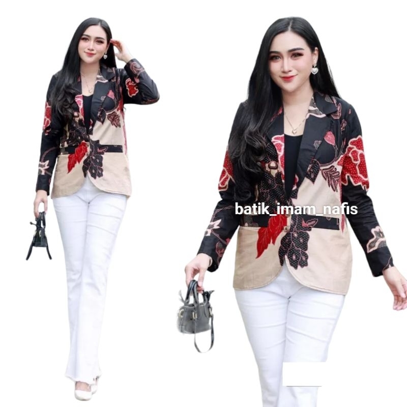 Blazer Batik Hitam Seragam Kantor Baju Kerja Guru Kondangan Bahan Katun Adem Jumbo Wanita Ukuran XS 