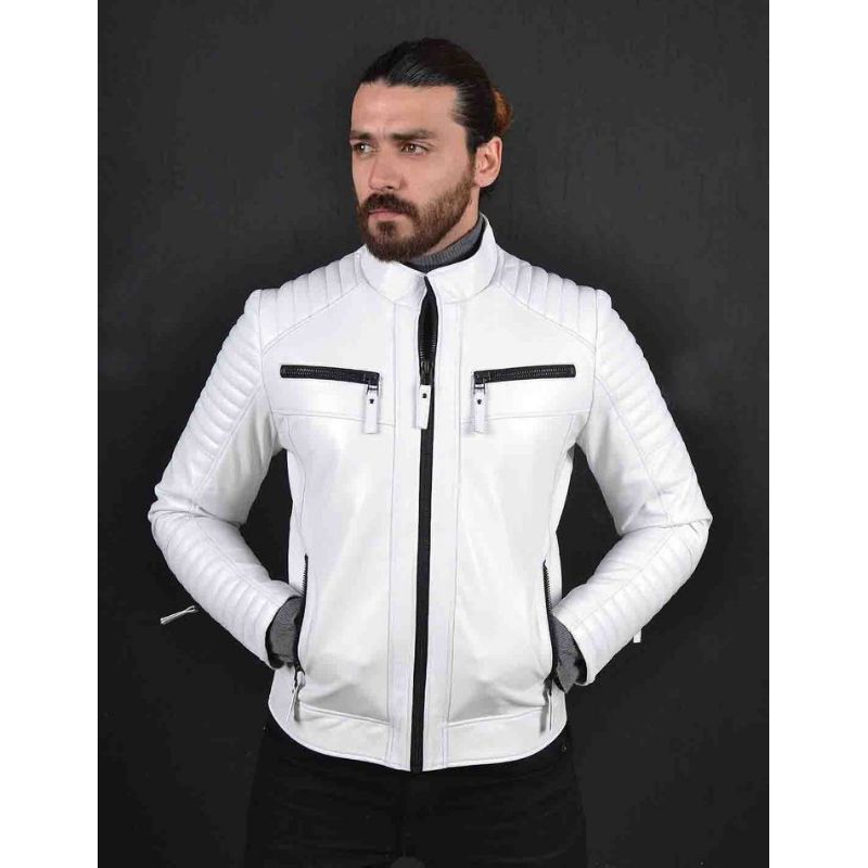 JAKET KULIT PRIA ASLI DOMBA WARNA PUTIH TERBARU MODEL SPORTY COCOK UNTUK TOURING