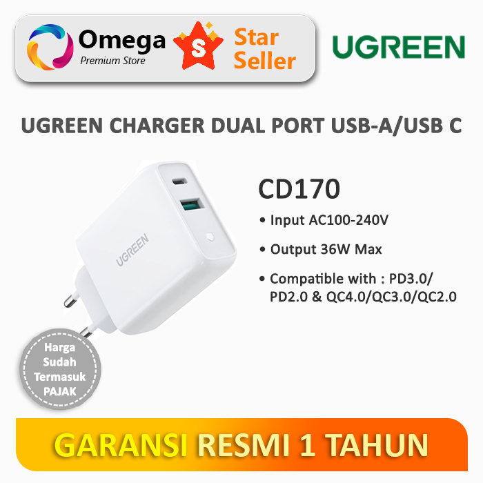 UGREEN Fast Charger Dual Port USB-C/USB-A 36W
