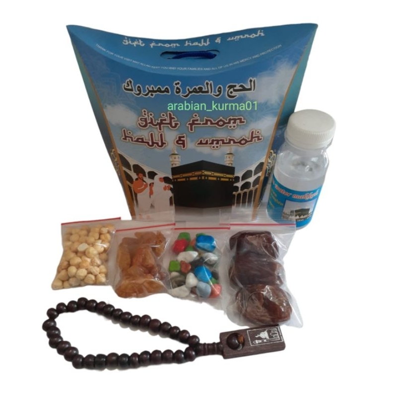 

Oleh Oleh Haji dan Umroh tas jinjing + Air zam ZAM 60ml + Coklat Krikil + tasbih kayu 33