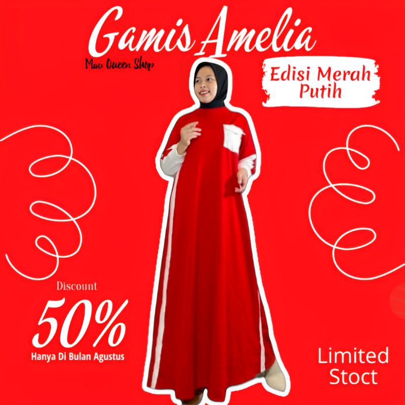 DISKON 50% Gamis Amelia Merah Putih/Gamis katun/gamis 17 Agustus/baju hut ri/gamis kemerdekaan/kostu