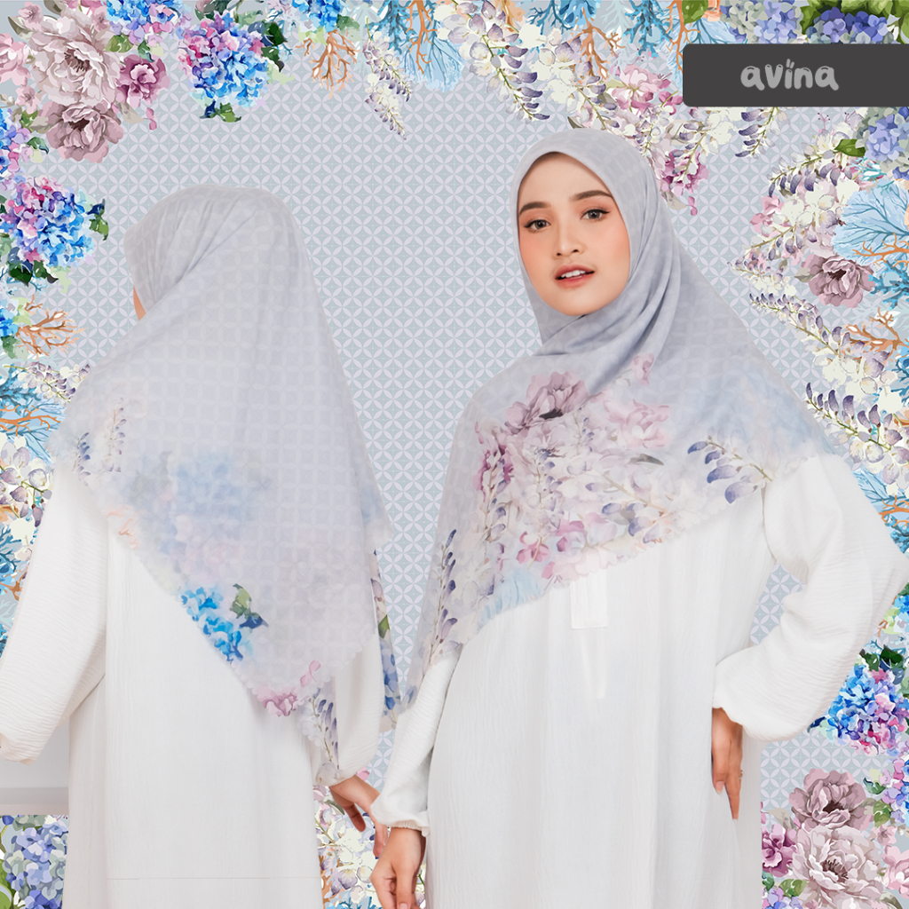 AMREENA Hijab Jilbab Jumbo Syari 130x130 Avina Motif Printing Segi empat  Voal Trispan Premium Ultrafine Ungu