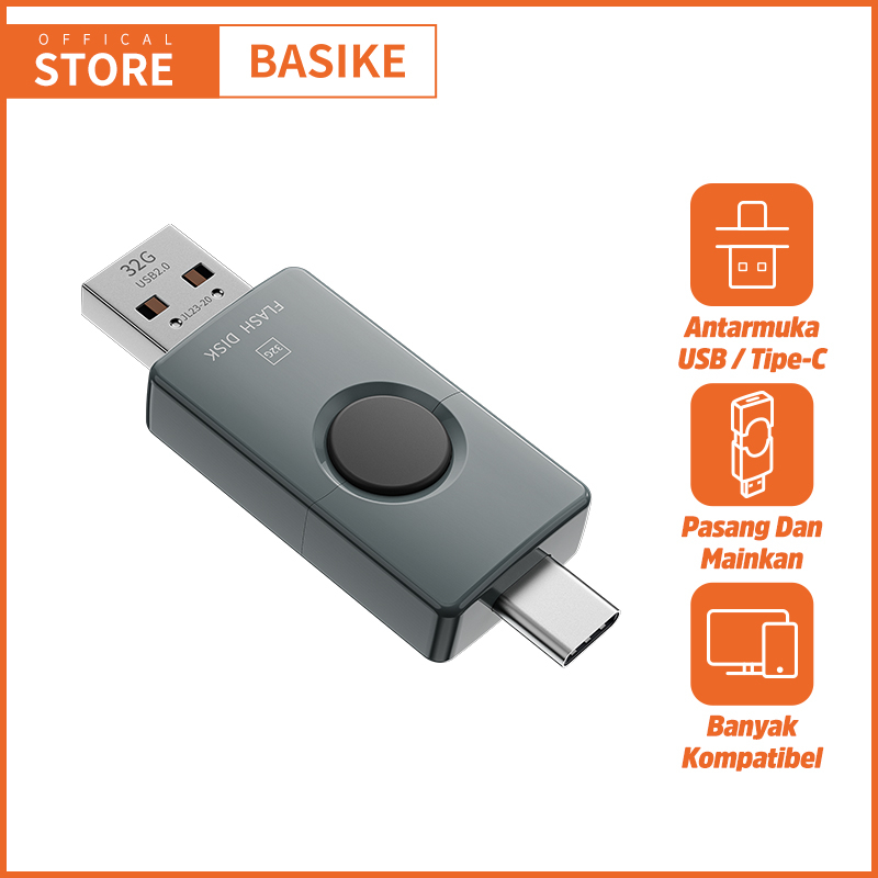 [HOT]BASIKE Flashdisk OTG Type C 128GB/256GB/64GB 240MBps High-Speed Reading for Komputer dan Ponsel-UK10 Hitam 32GB