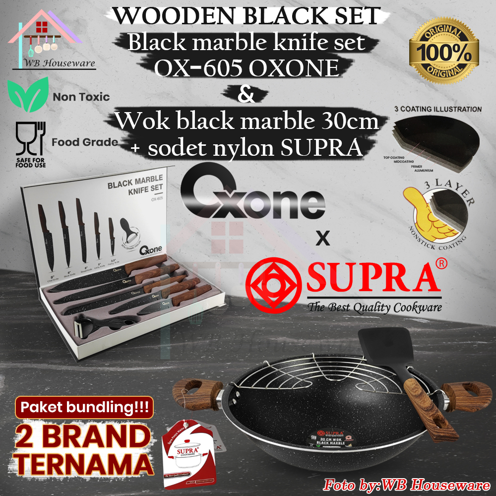 SUPRA wok set 30cm black marble + sodet + peniris + pisau set marble OXONE OX-609 / bundling set pan