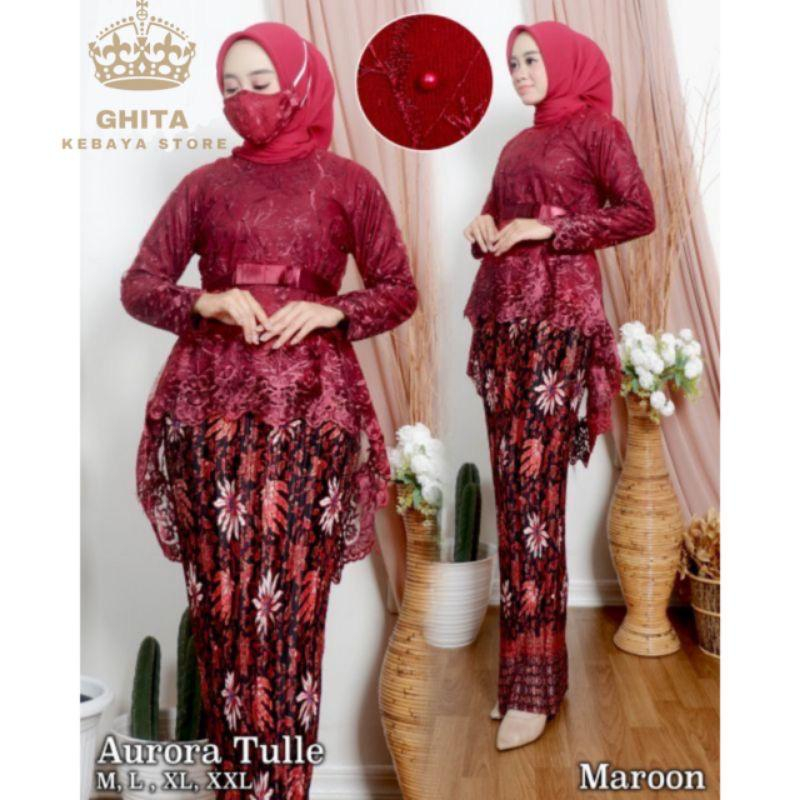 AK - SETELAN KEBAYA AURORA TILLE + ROK PLISKET BATIK PANJANG DEWASA BAJU KEBAYA MUSLIM MODERN KEBAYA