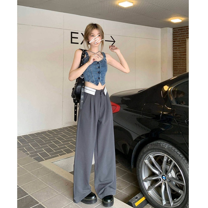 Minji Collar Pants Korea Celana Highwaist Wanita Street Style Cullote Loose Pants Celana Panjang Wanita
