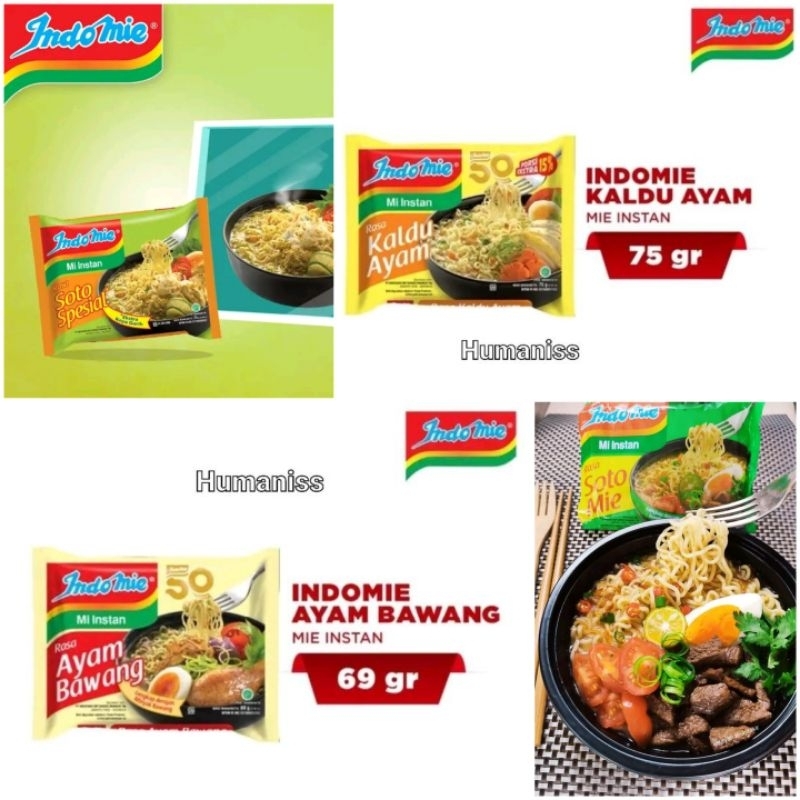 

Indomie soto mie / indomie ayam bawang / indomie soto spesial / indomie kaldu ayam / indomie ayam spesial / indomie goreng / indomie kari ayam