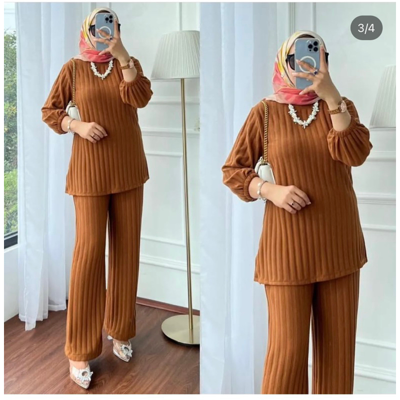 denolla set setcel kaos knit tangan karet setelan celana wanita kaos knit premium