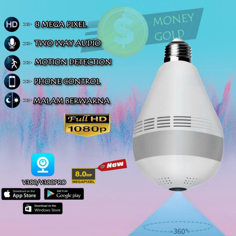 IP Camera CCTV 8MP Bulb WIFI Panoramic V380 Lampu BOHLAM VR Spy Cam Owlcam