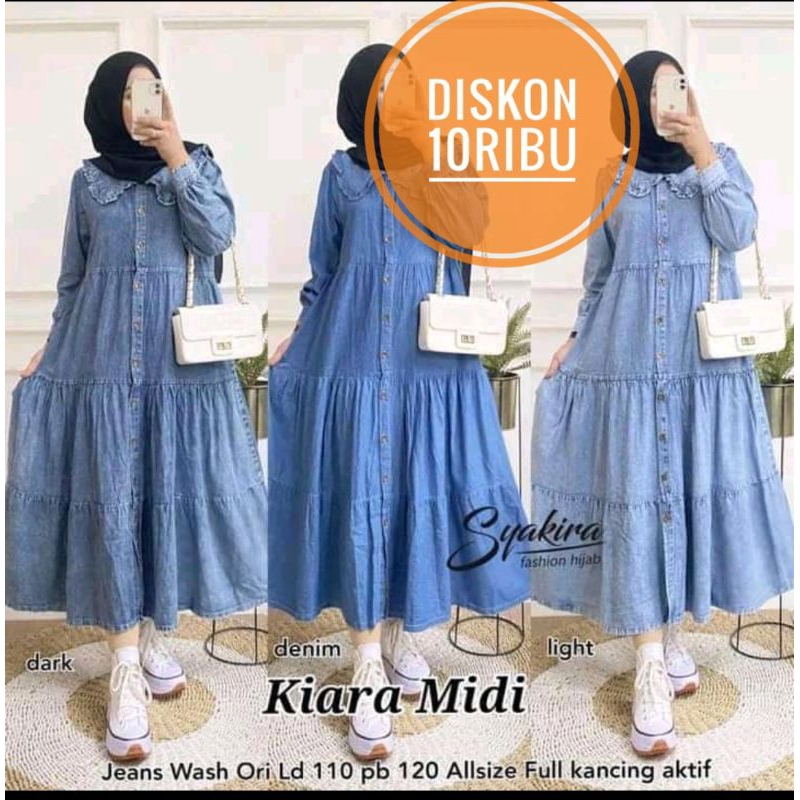 KIARA MIDI LD 110CM/dress jeans jumbo/midi dress jeans jumbo/tunik jeans wanita jumbo/dress tunik je