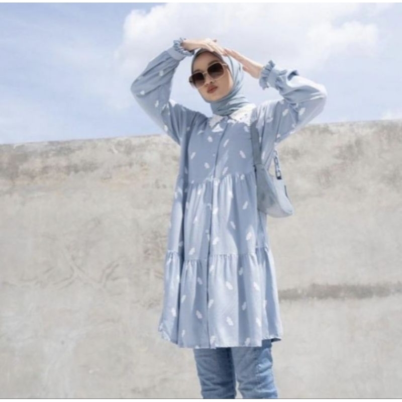 (NEW) CERIA BLOUSE AWAN BIRU FREE TAS VANILLA HIJAB - TUNIK by VANILLA HIJAB SIZE L (NANURA SHOP)